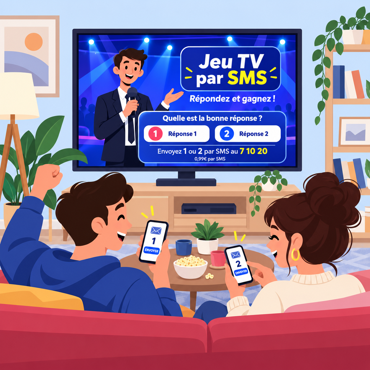 Trois adultes assis sur un canapé, téléphones en main, devant un jeu-concours diffusé à la télévision